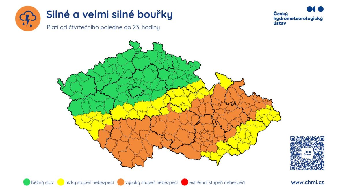 Varování ČHMÚ před bouřkami ve čtvrtek 3.7.2025, zdroj: ČHMÚ
