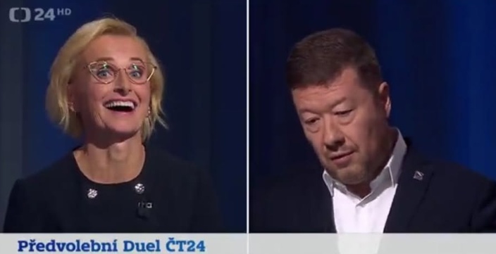Kateřina Konečná a Tomio Okamura v pořadu Předvolební duel vysílaný dne 14. září 2025 v České televizi, fotozdroj: ČT 24, 14. září 2025