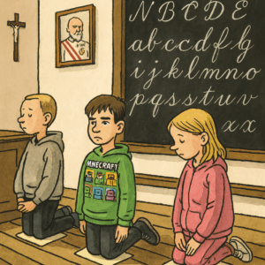 Děti před tabulí, karikatura: Šárka Konečná, inregion.cz