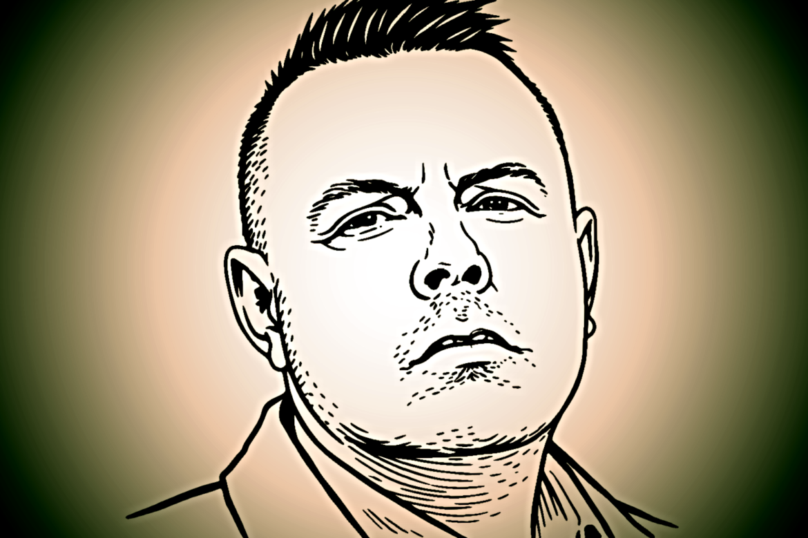 Poslanec Jindřich Rajchl, ilustrační perokresba, Šárka Konečná, ZDROJ: inregion.cz za pomoci SW Ai, Id, Ps a ADOBE Creative