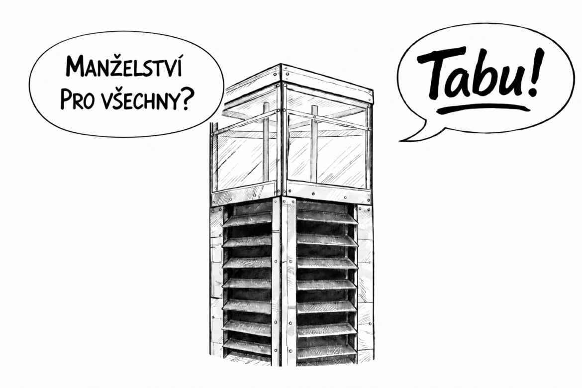 Názor z budky, ilustrační perokresba, Šárka Konečná, za pomoci SW Ai, Id, Ps a ADOBE Creative