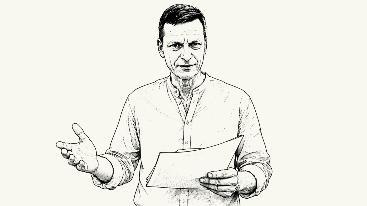 Poslanec Marek Novák, ilustrační perokresba, Šárka Konečná, ZDROJ: inregion.cz za pomoci SW Ai, Id, Ps a ADOBE Creative