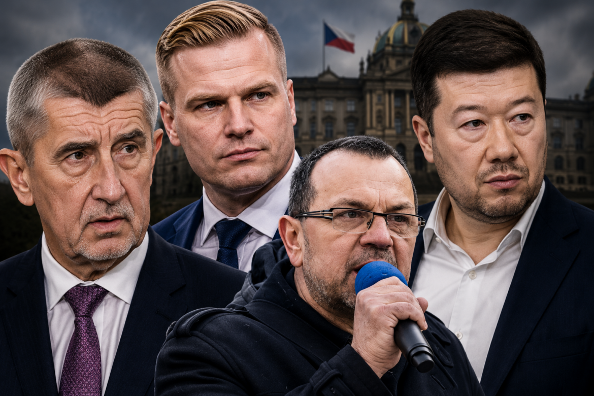 Andrej Babiš, Filip Turek, Jaroslav Foldyna, Tomio Okamura, ilustrační fotografická koláž, FOTO: Šárka Konečná , inregion.cz, za pomoci SW Ai, Id, Ps a ADOBE Creative