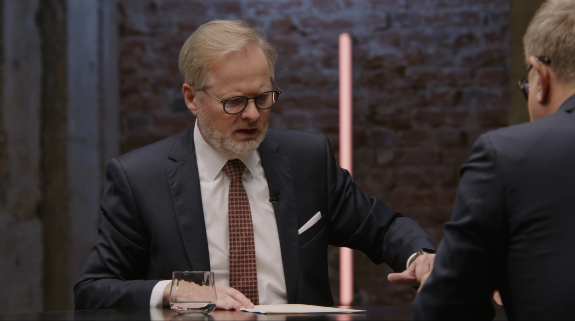 Bývalý premiér Petr Fiala v pořadu Poledne s Moravcem, 30. srpna 2026, ZDROJ: Václav Moravec/ se svolením